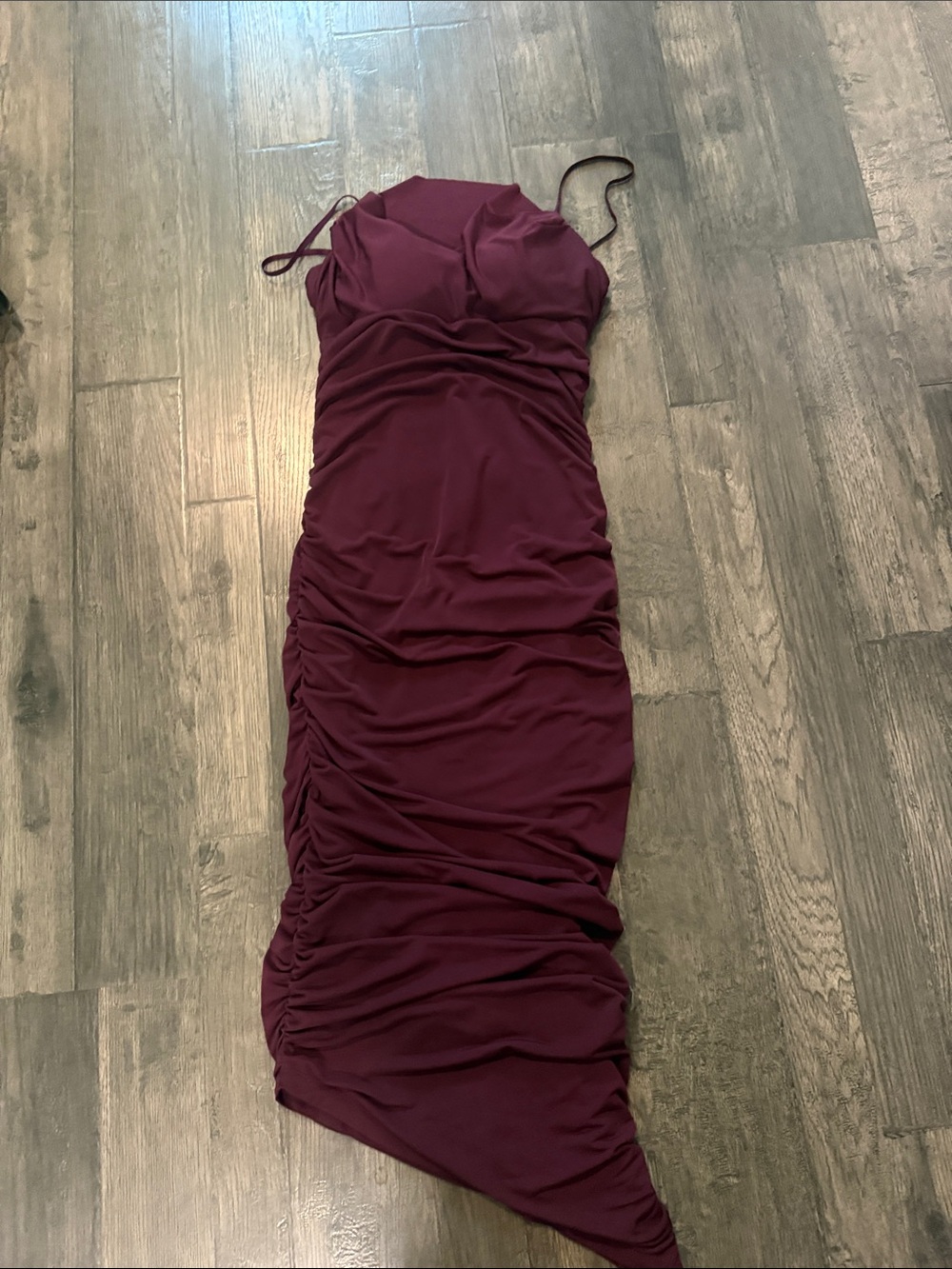 Honey and Rosie Asymmetrical Burgundy Ruched Slip Dress